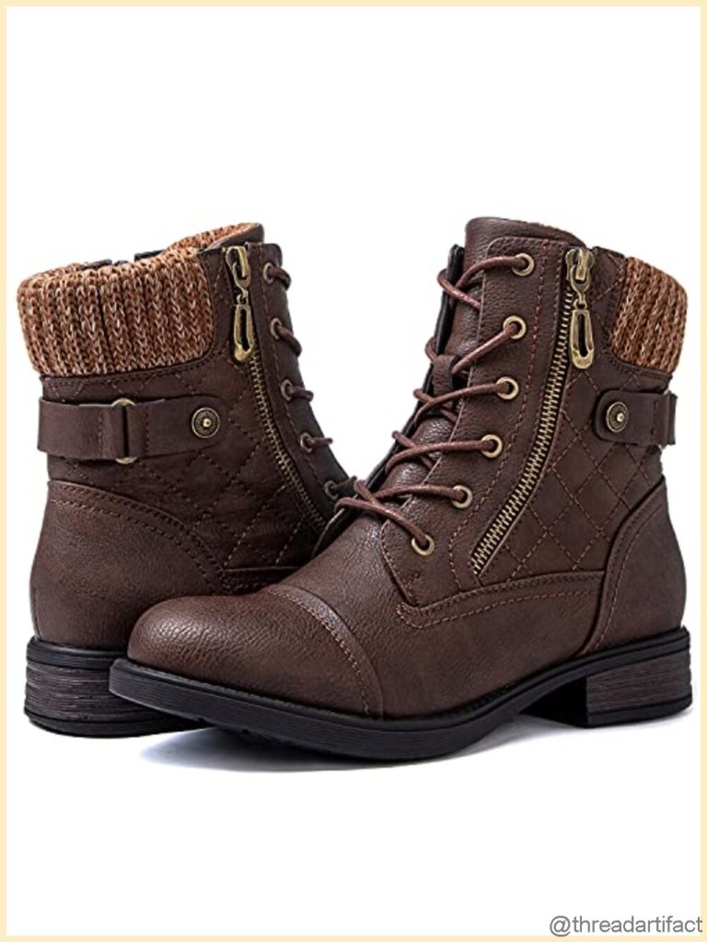 Women's Faux Leather Combat Boots Lace Up Ankle Booties Low Heel